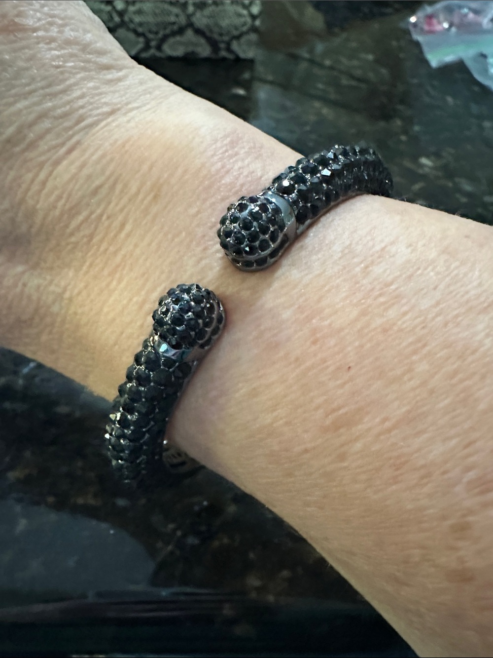 Joan Boyce Kissable Pave Black Crystal Hinged Cuff Bracelet Hematite 8"